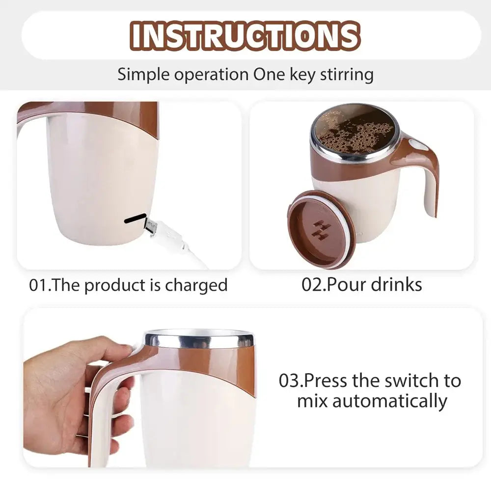 Automatic stirring cup with stainless steel interior mixing coffee. Portable and rechargeable, ideal for home and travel use.