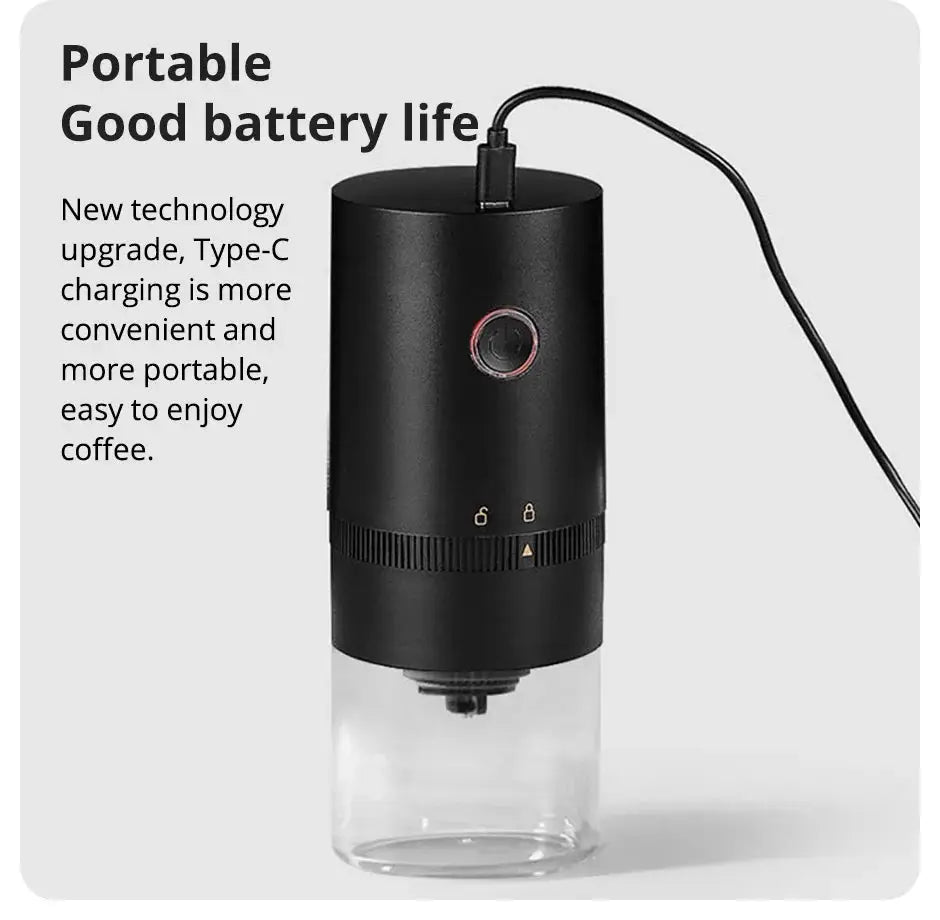 USB Type-C rechargeable coffee grinder with long battery life, making it a convenient and portable option for coffee lovers.