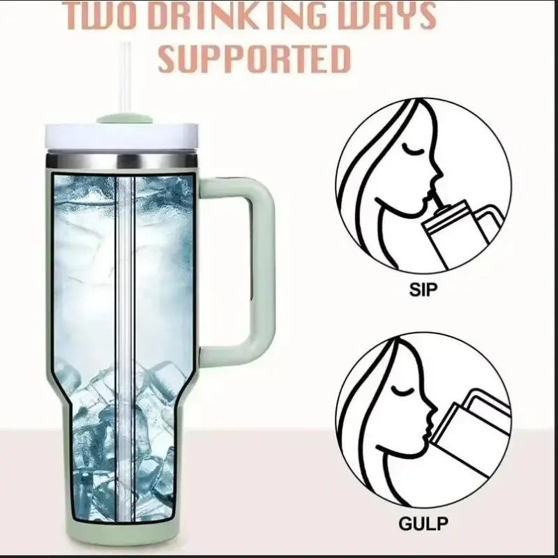 Tumbler with handle and straw, showing two drinking methods: sip and gulp, on a white background.