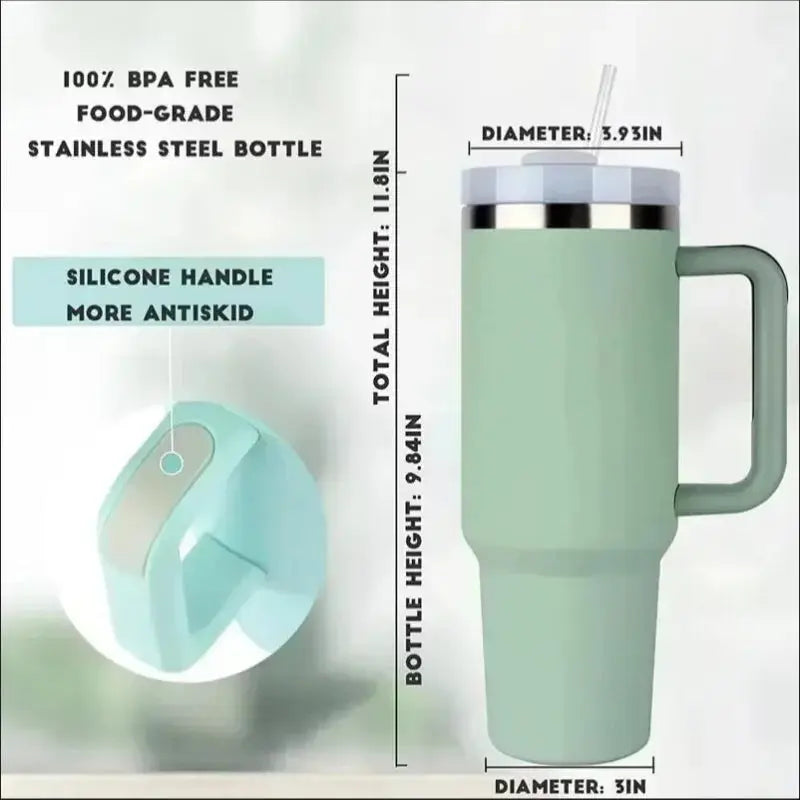 Mint green insulated bottle with measurements and features on a white background