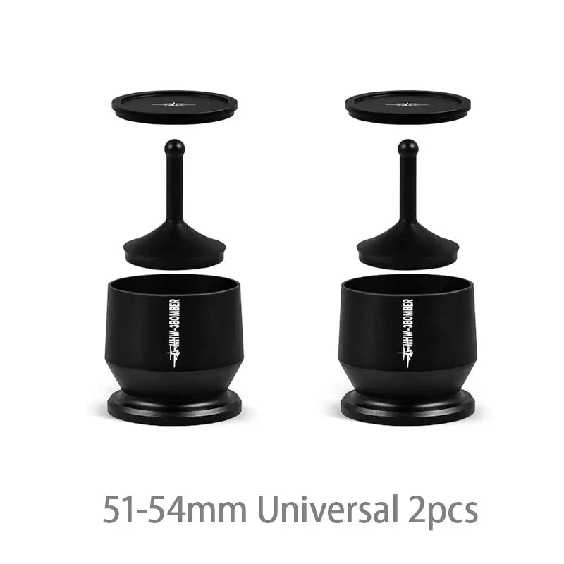 MHW-3BOMBER Coffee Dosing Funnel Aluminum Alloy Dosing Shaker in use with espresso machine, fits 51-54mm portafilters for home barista setup.
