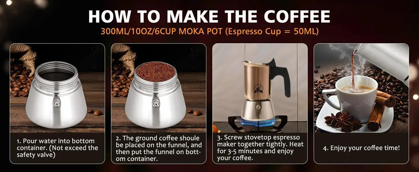 Gold Plated 6 Cup Moka Pot - Stainless Steel Italian Stovetop Espresso Maker, Dual Capacity 4-6 Cups, Induction Ready