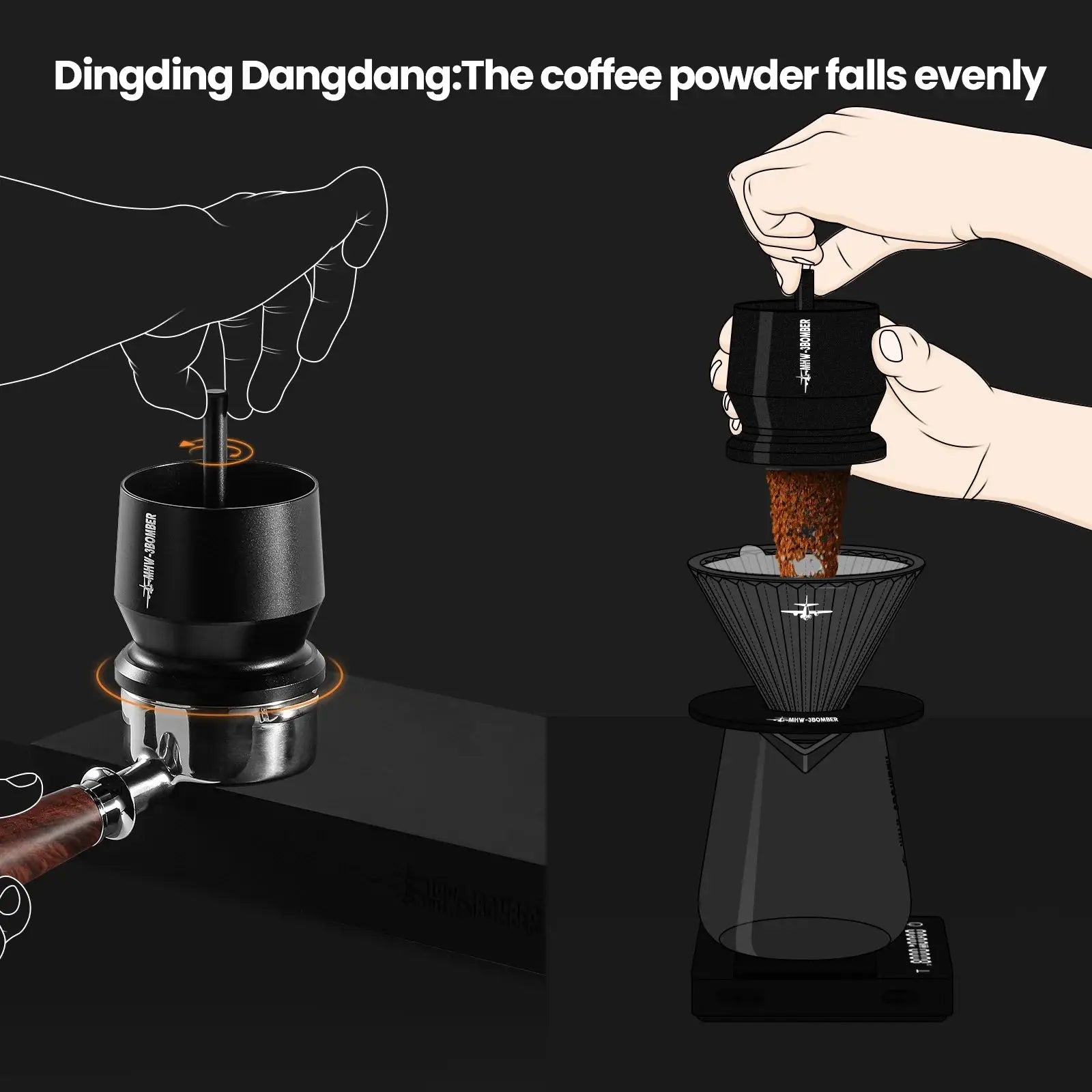 MHW-3BOMBER Coffee Dosing Funnel Aluminum Alloy Dosing Shaker dispensing grounds into a dripper, compatible with 51-54mm portafilters. Ideal espresso accessory for home baristas.
