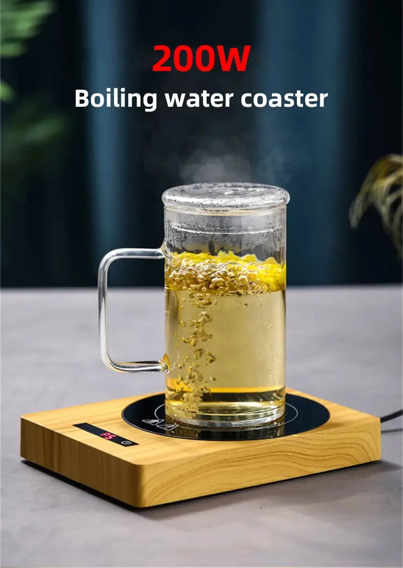 100°C Cup Heater Mug Warmer with 5 gear temperature settings shown warming a paper milk carton on a wooden heating pad for hot beverages.