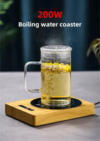 100°C Cup Heater Mug Warmer with 5 gear temperature settings shown warming a paper milk carton on a wooden heating pad for hot beverages.