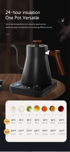 Black gooseneck electric kettle with wooden handle on a digital base, featuring temperature control for various beverages. Ideal for precise brewing.