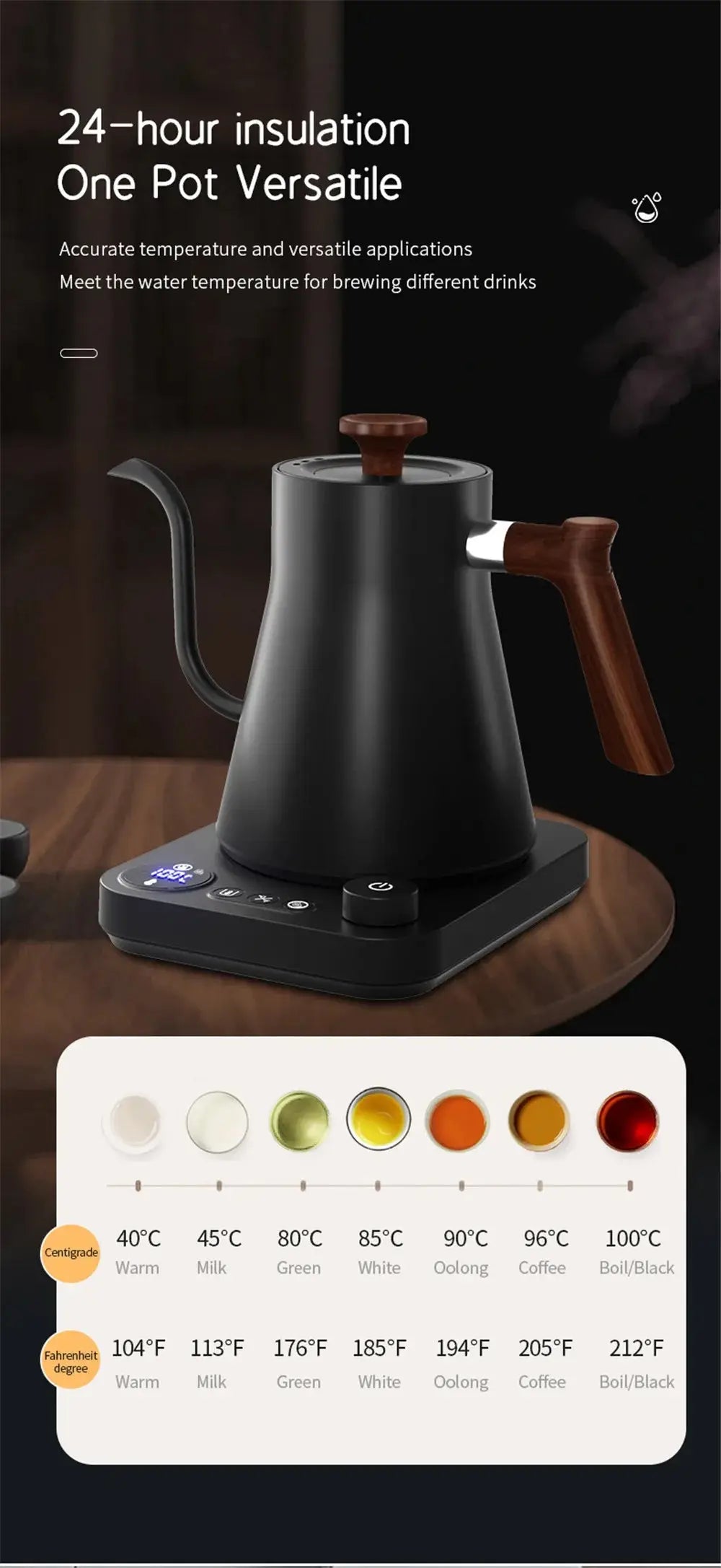 Black gooseneck electric kettle with wooden handle on a digital base, featuring temperature control for various beverages. Ideal for precise brewing.