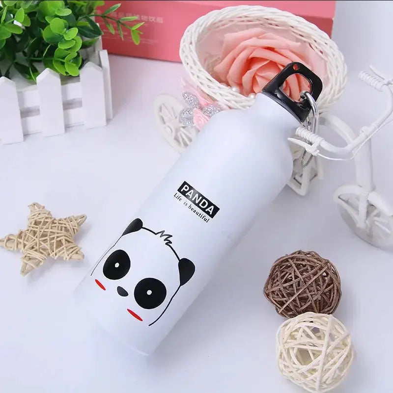 White water bottle with panda design on a decorative background