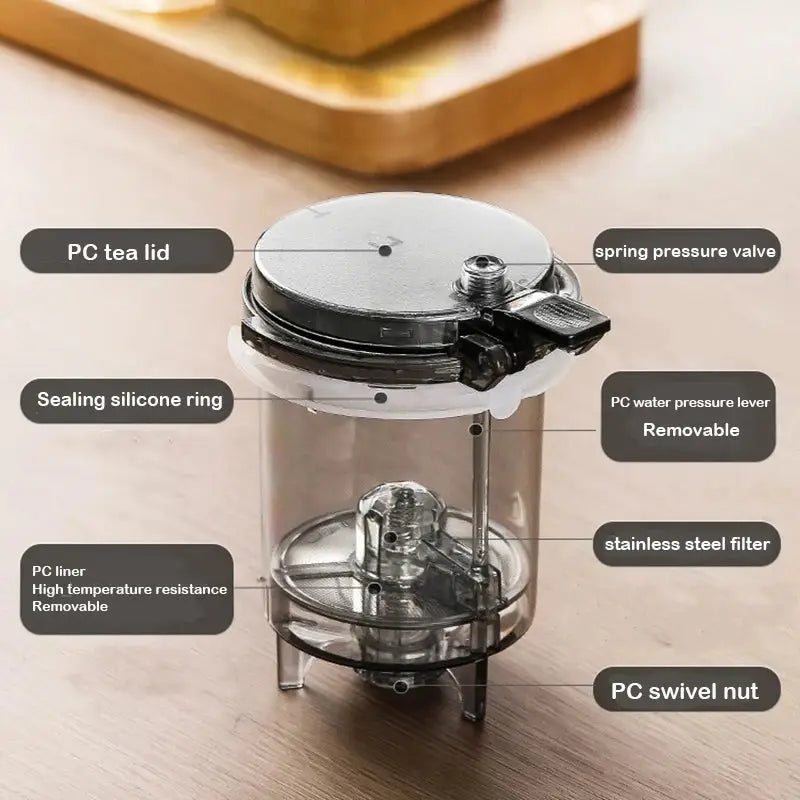 Transparent tea infuser with a PC tea lid, spring pressure valve, and stainless steel filter. Features a sealing silicone ring and removable PC water pressure lever for easy cleaning.