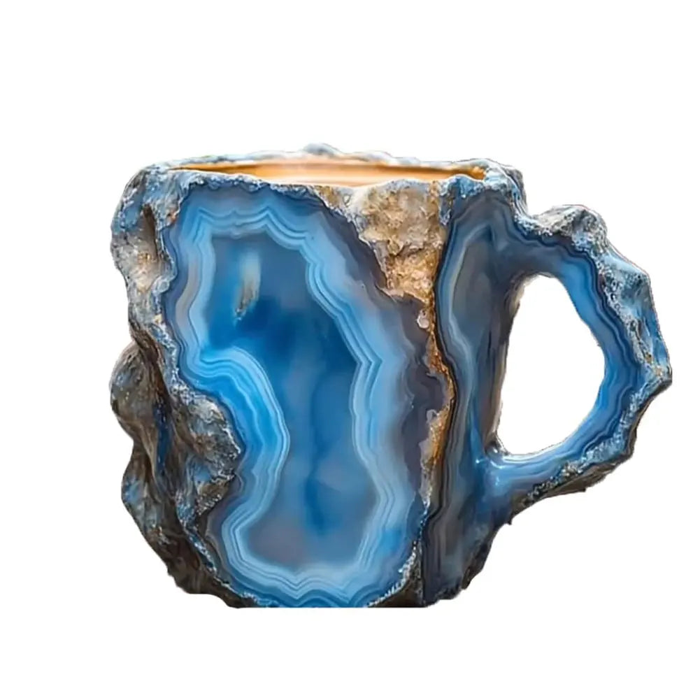 Colorful Mineral Crystal Coffee Mug with a blue and gray agate-like resin design, featuring a textured, chunky handle.