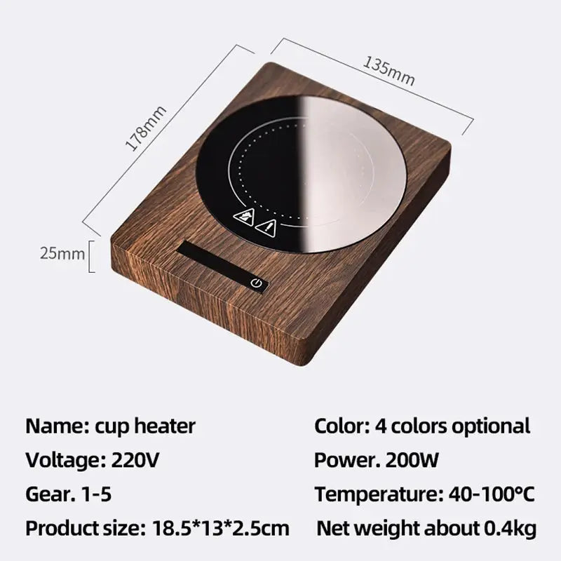100°C Cup Heater Mug Warmer with 5 gear temperature settings shown warming a paper milk carton on a wooden heating pad for hot beverages.