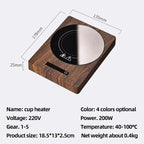100°C Cup Heater Mug Warmer with 5 gear temperature settings shown warming a paper milk carton on a wooden heating pad for hot beverages.