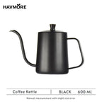 Stainless Steel 600ml Long Gooseneck Spout Barista Espresso Coffee Maker with ergonomic handle and precision pour spout for home brewing. Ideal for pour-over coffee, this black 304 stainless steel kettle is perfect for baristas and kitchen use.