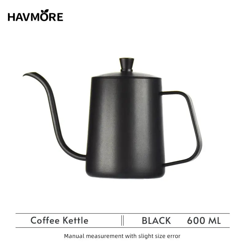 Stainless Steel 600ml Long Gooseneck Spout Barista Espresso Coffee Maker with ergonomic handle and precision pour spout for home brewing. Ideal for pour-over coffee, this black 304 stainless steel kettle is perfect for baristas and kitchen use.