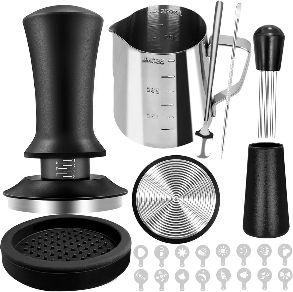 51/58mm barista espresso accessories kit with stainless steel tamper, WDT tool, 350ml milk pitcher, tamper mat, and 16 stencils