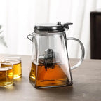Transparent tea infuser with a PC tea lid, spring pressure valve, and stainless steel filter. Features a sealing silicone ring and removable PC water pressure lever for easy cleaning.