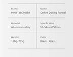 Coffee dosing funnel details chart showing brand, aluminum alloy material, sizes, weights, colors.