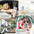 Collage of a woman holding a white mug, a blue mug on a table, and a family with a dog using a green tent.