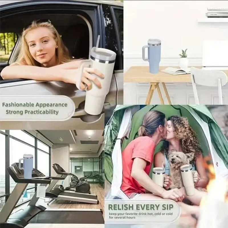 Collage of a woman holding a white mug, a blue mug on a table, and a family with a dog using a green tent.