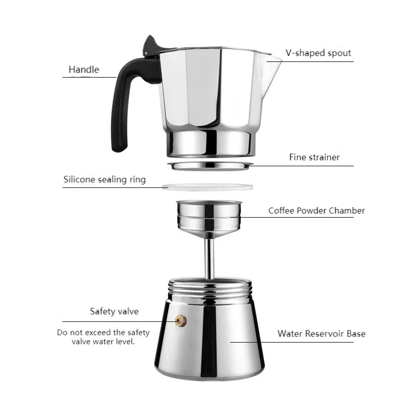 JUSTINLAU 150/300ML Octagonal Stainless Steel Moka Pot - Italian Style Espresso Maker for Home Brewing