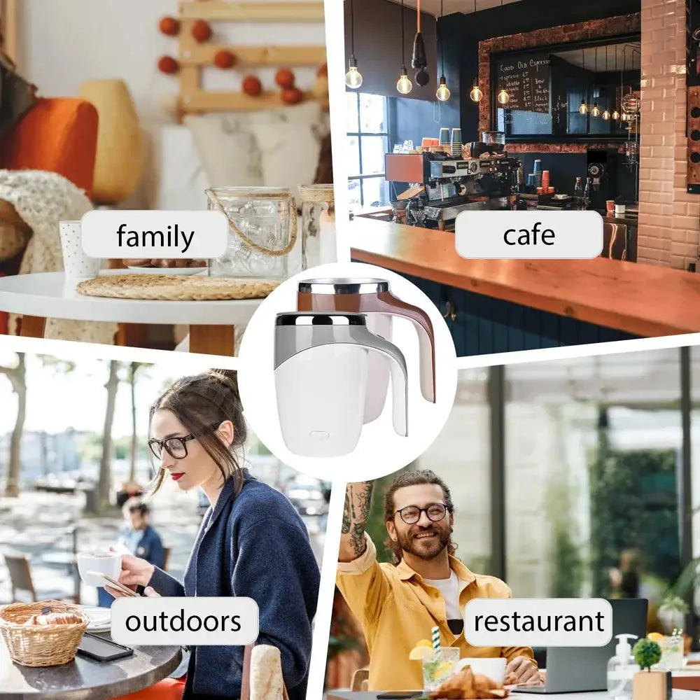 Automatic stirring cup with stainless steel interior mixing coffee. Portable and rechargeable, ideal for home and travel use.