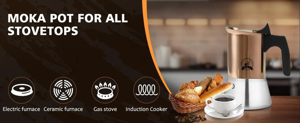 Gold Plated 6 Cup Moka Pot - Stainless Steel Italian Stovetop Espresso Maker, Dual Capacity 4-6 Cups, Induction Ready