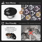 Stainless Steel Reusable Tassimo Pods with 4 Black Silicone Lid Tamper Compatible for-Bosch Tassimo Machine