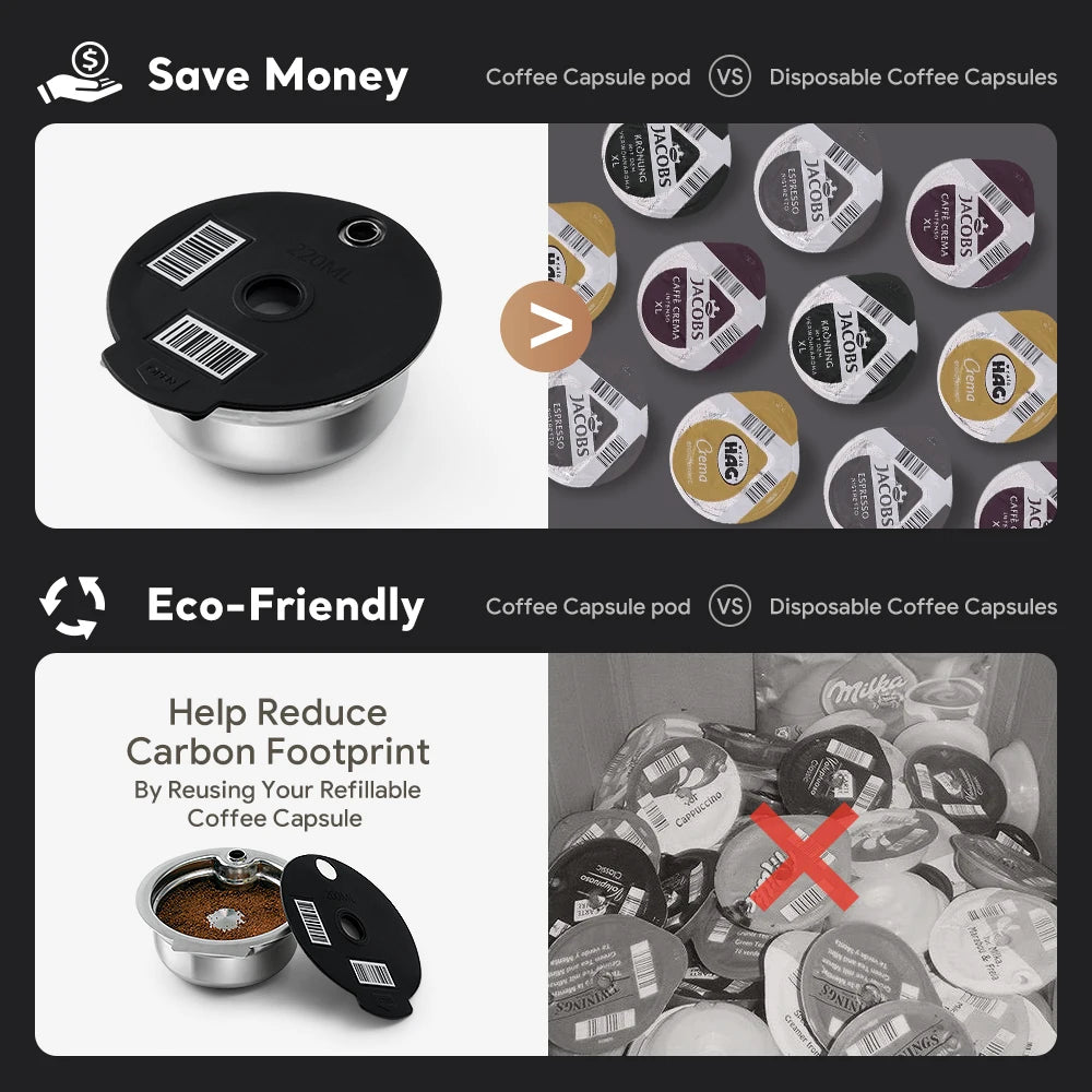 Stainless Steel Reusable Tassimo Pods with 4 Black Silicone Lid Tamper Compatible for-Bosch Tassimo Machine