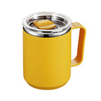 Yellow mug with a silver lid on a white background