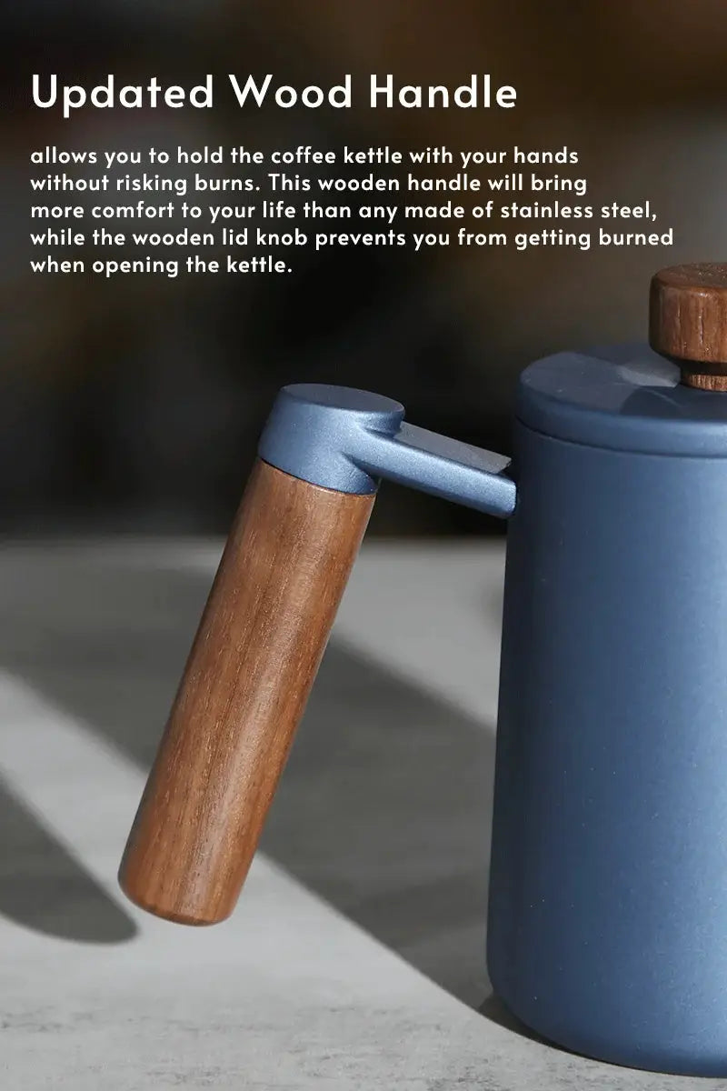 Stainless Steel 600ml Long Gooseneck Spout Barista Espresso Coffee Maker in matte blue with wooden knob lid, ideal for precise pour-over brewing.