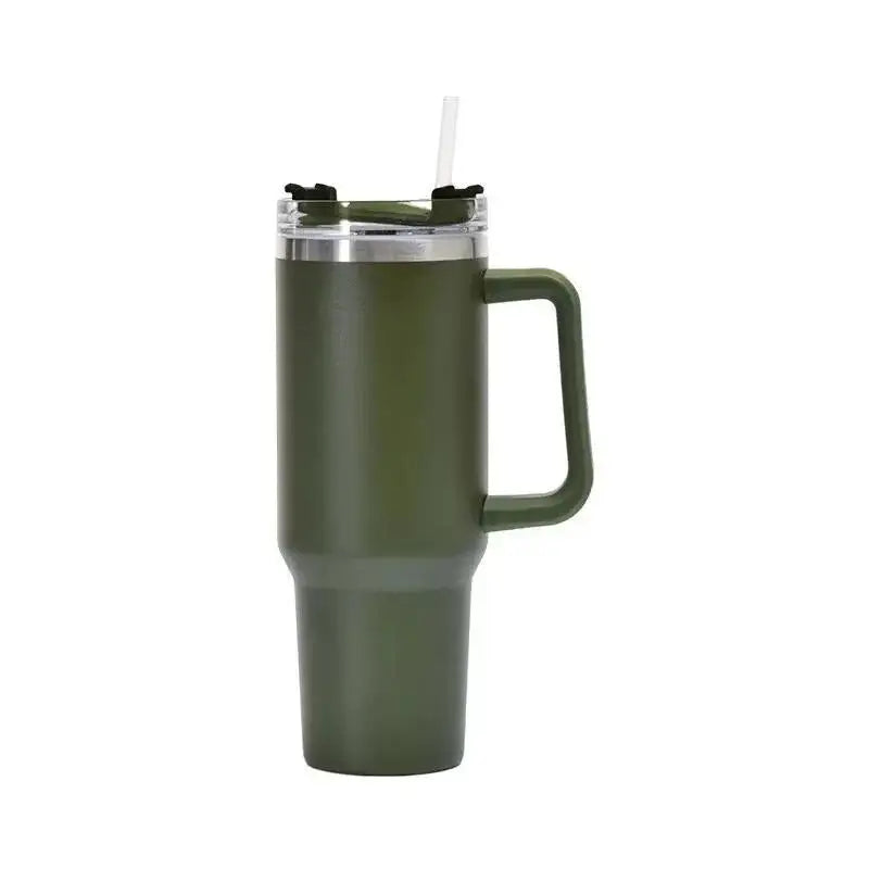 Green insulated mug with handle and straw on a white background