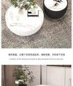 Round white table with a plant on a textured floor, followed by a modern interior design scene.
