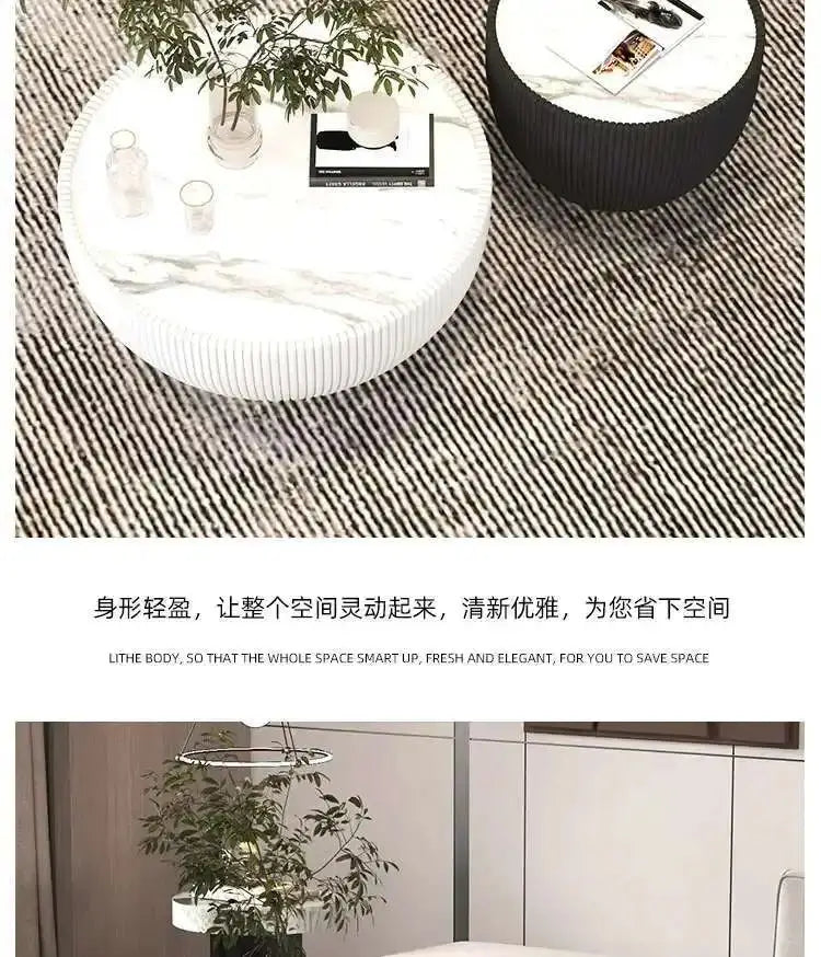 Round white table with a plant on a textured floor, followed by a modern interior design scene.