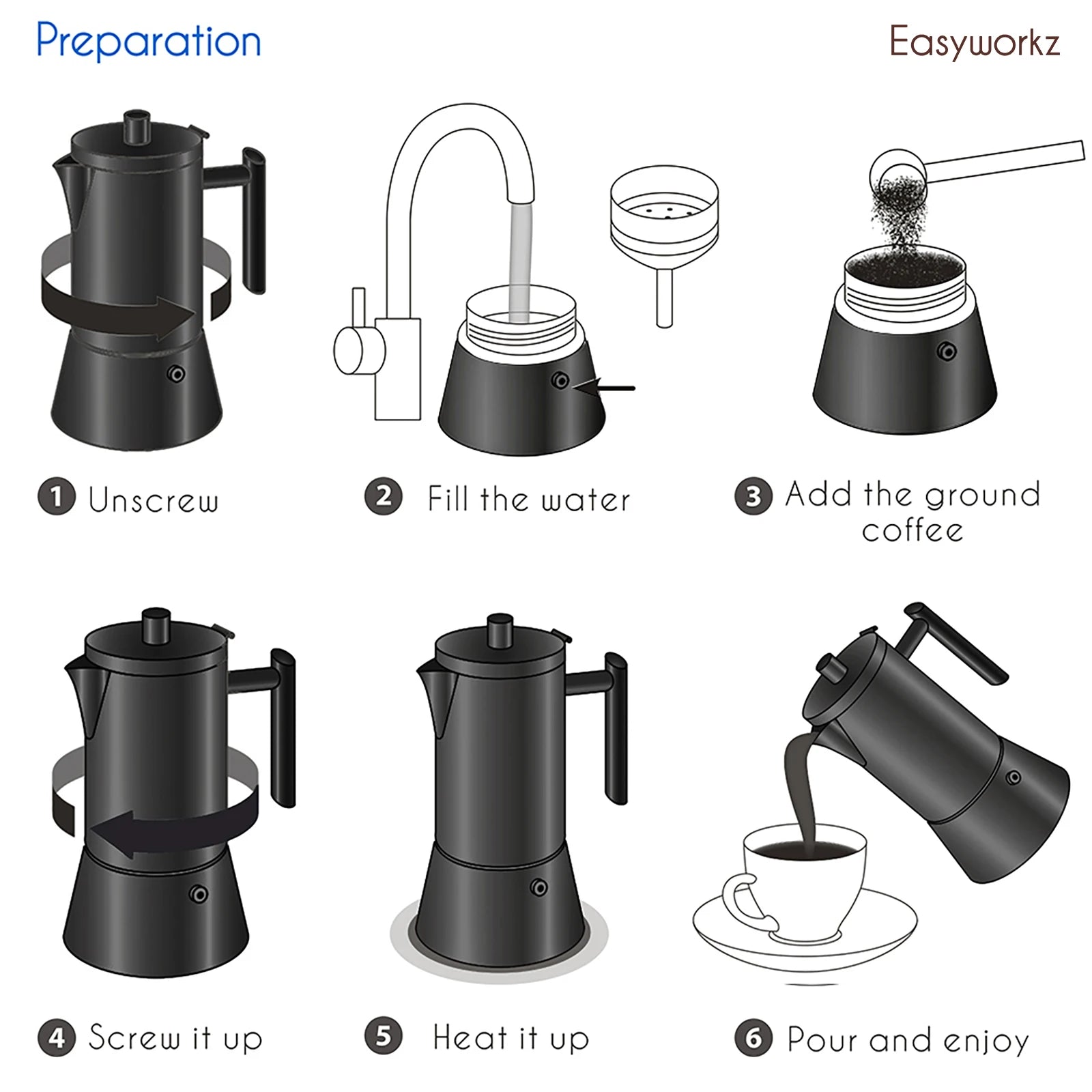 Step-by-step moka pot coffee brewing instructions with illustrated guide