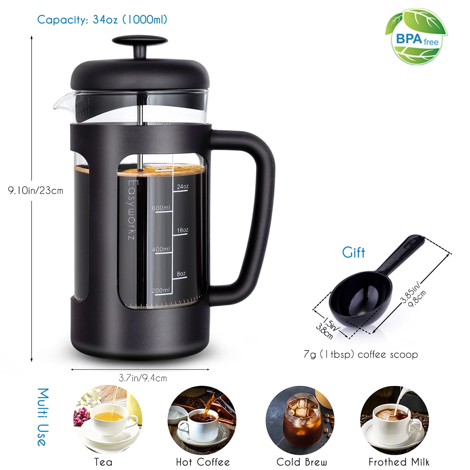 French Press  Coffee Tea Maker with Borosilicate Glass,Soft Grip Handle
