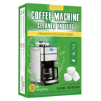Box of coffee machine cleaner tablets with a green and white design.