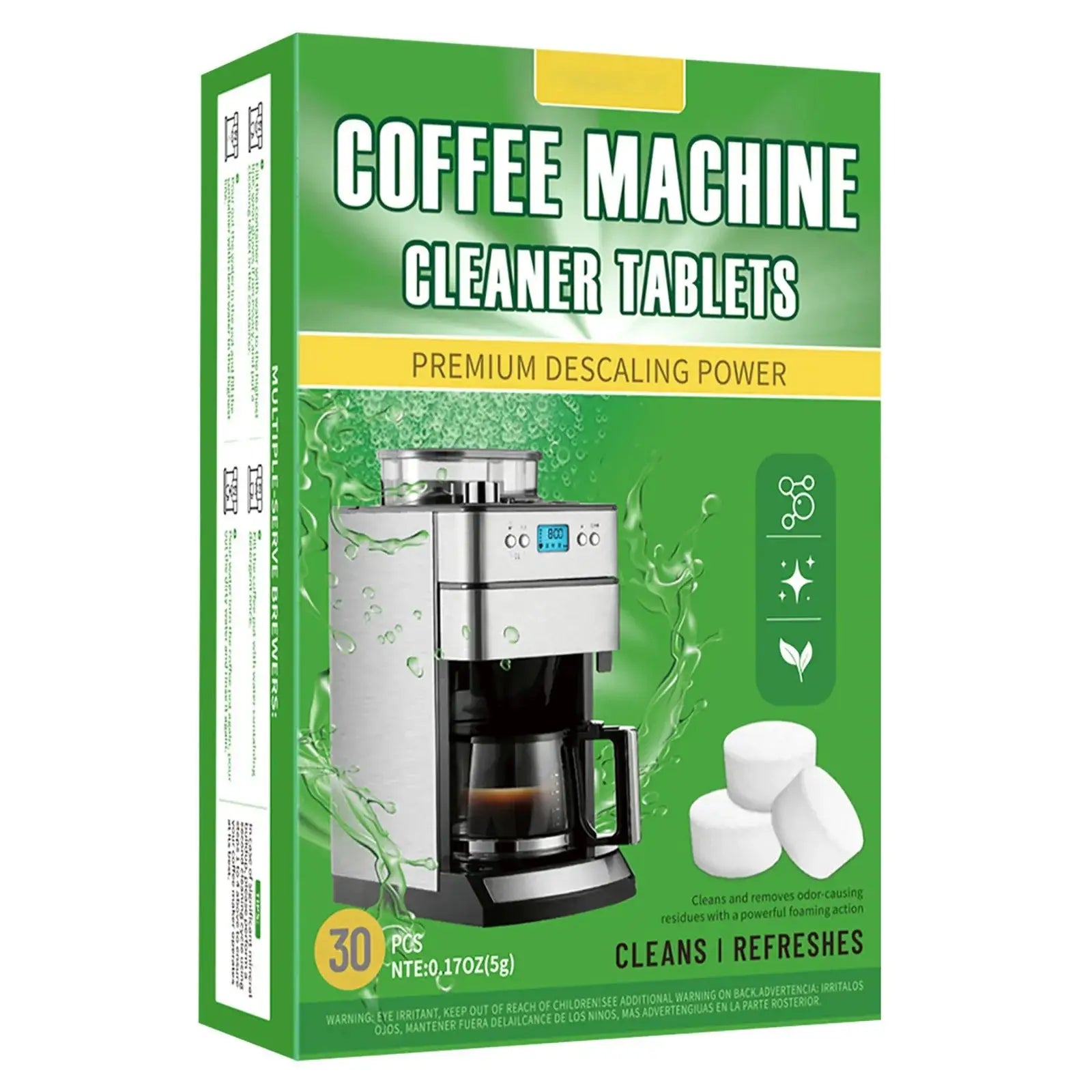 Box of coffee machine cleaner tablets with a green and white design.