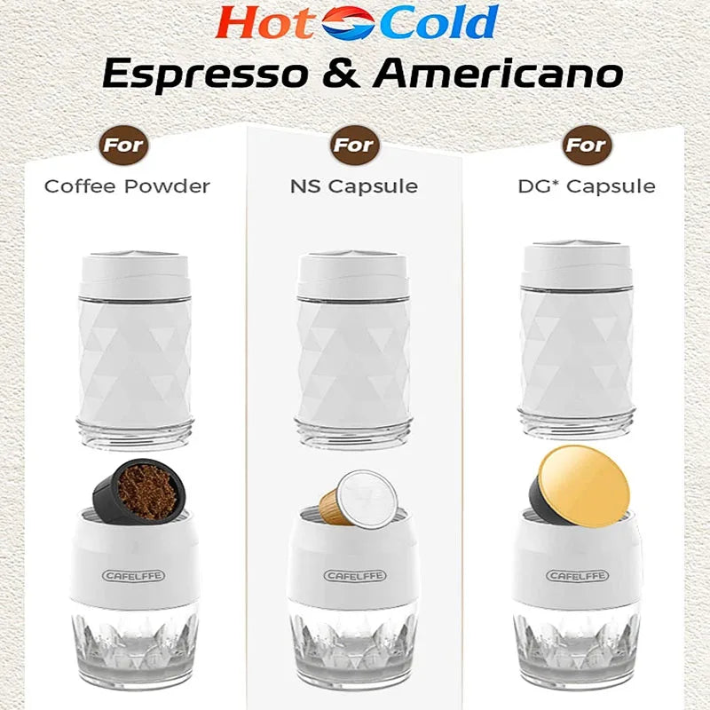 Portable three-in-one manual espresso maker in white, showcasing options for coffee powder and Nespresso/Dolce Gusto capsules.