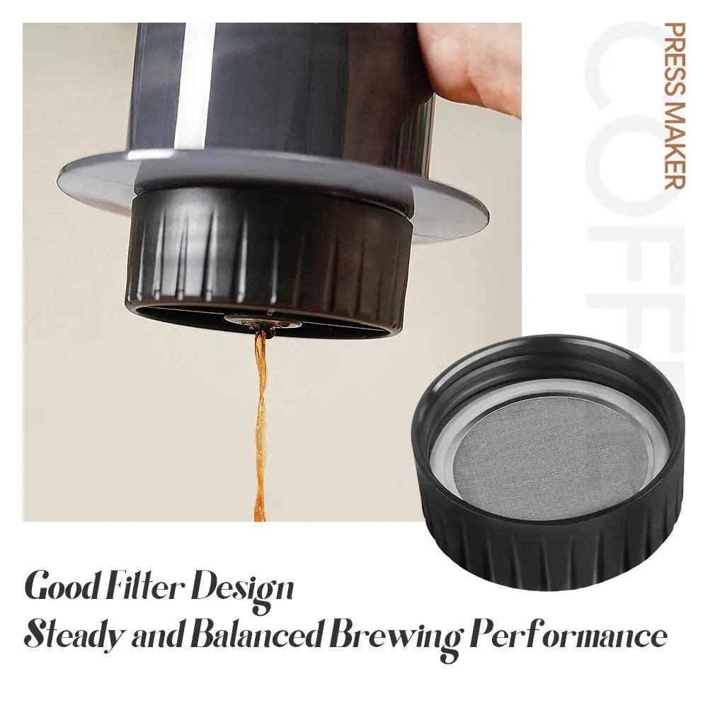 Coffee press with filter being used, highlighting brewing performance.