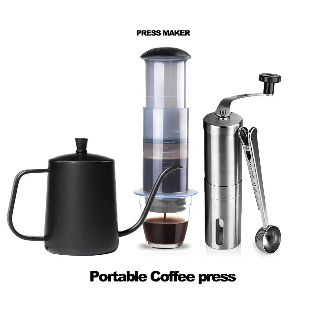Portable coffee press with a black handle and silver body on a white background.