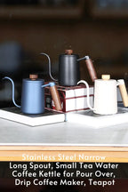 Stainless Steel 600ml Long Gooseneck Spout Barista Espresso Coffee Maker in matte blue with wooden knob lid, ideal for precise pour-over brewing.