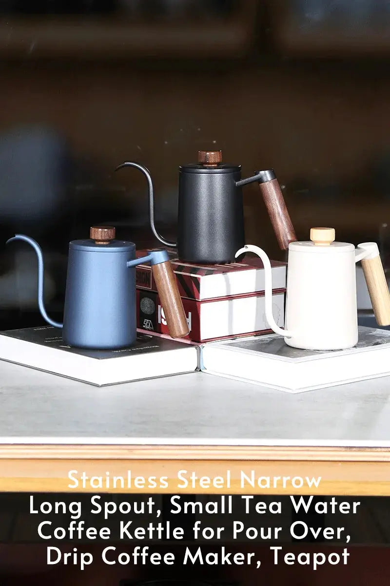 Stainless Steel 600ml Long Gooseneck Spout Barista Espresso Coffee Maker in matte blue with wooden knob lid, ideal for precise pour-over brewing.