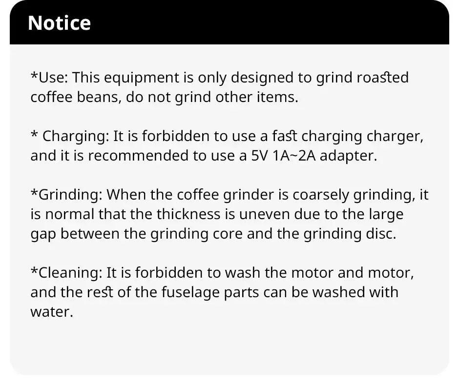 Usage and maintenance instructions for the USB coffee grinder, including charging recommendations and cleaning guidelines.