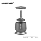 Grey metal coffee tamper and holder set, 58mm size, shown disassembled on white background.