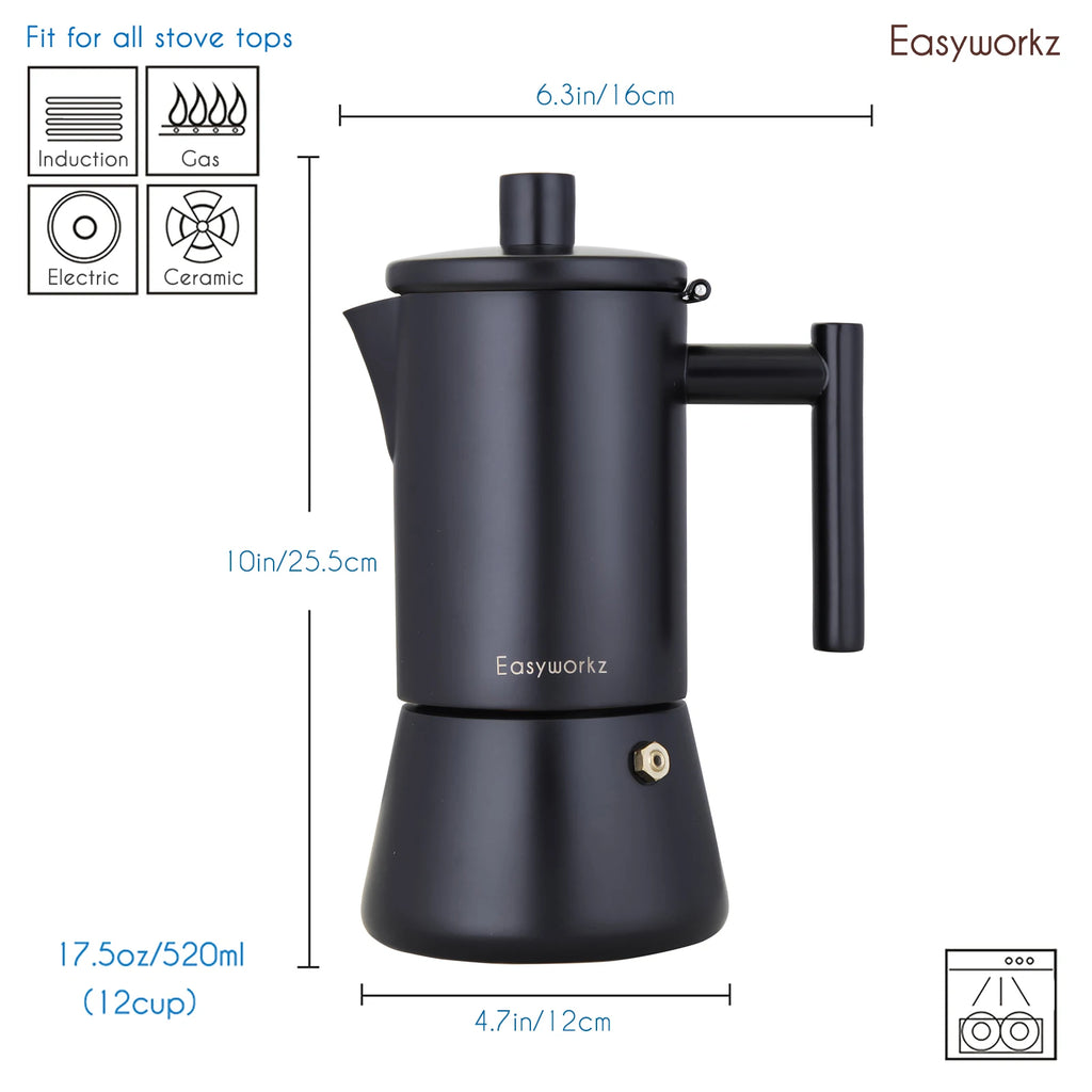 Black 12-cup stovetop espresso maker, compatible with induction, gas, electric, and ceramic stoves, with dimensions and capacity labeled.