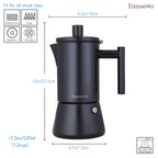 Black 12-cup stovetop espresso maker, compatible with induction, gas, electric, and ceramic stoves, with dimensions and capacity labeled.