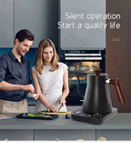 Portable gooseneck electric kettle in black with a wooden handle, placed on a modern kitchen counter. Ideal for travel and precise coffee brewing.