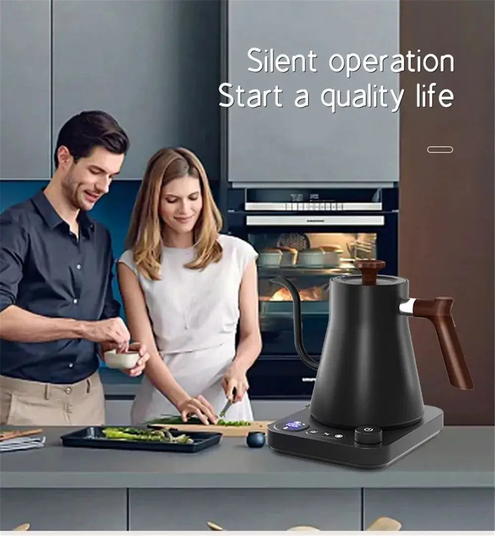 Portable gooseneck electric kettle in black with a wooden handle, placed on a modern kitchen counter. Ideal for travel and precise coffee brewing.