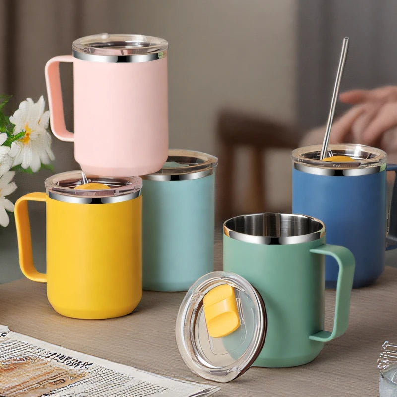 Set of colorful insulated mugs with lids on a table.