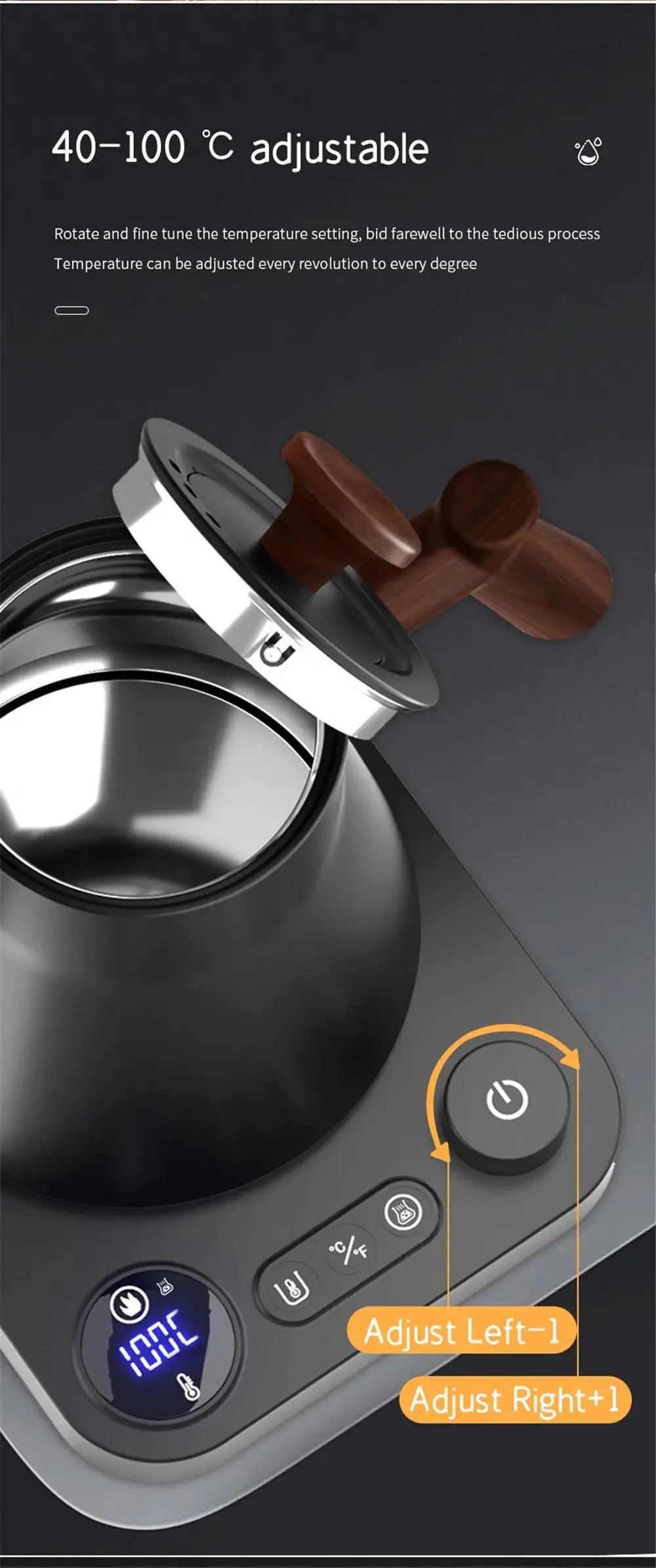 Portable gooseneck electric kettle with NTC chip temperature control, memory function, and automatic power-off for dry burning prevention.